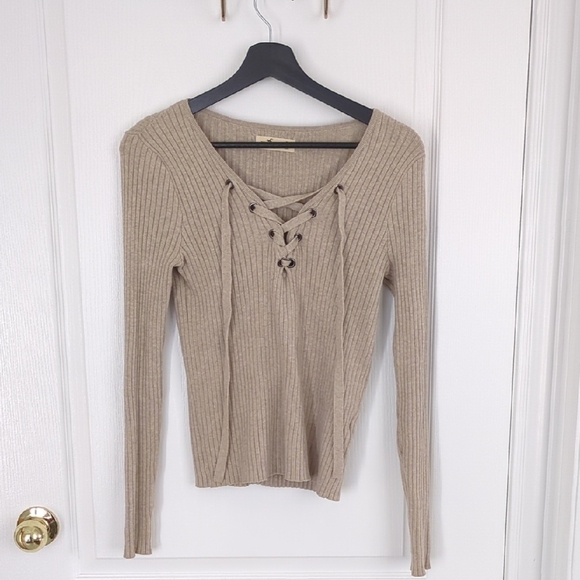 Tan Ribbed Lace-Up Sweater - Picture 1 of 5